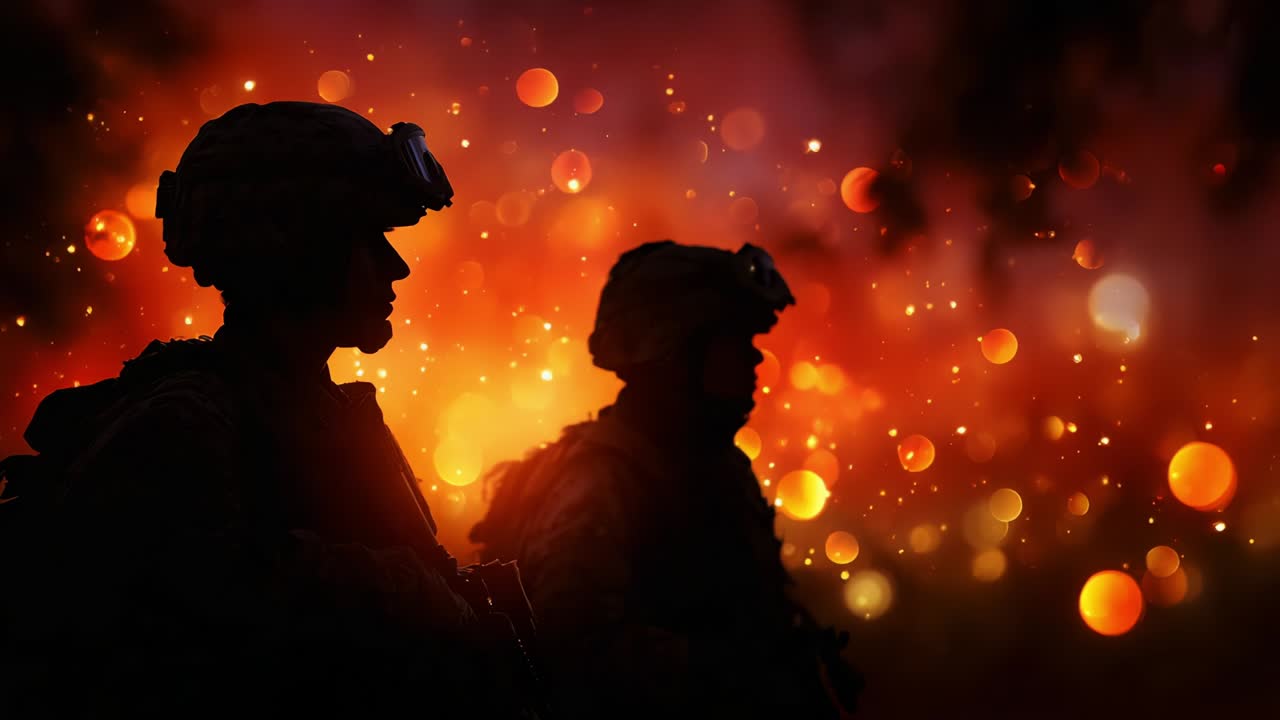 Silhouetted Heroes Against a Fiery Backdrop: A Powerful Visual of Soldiers Standing Strong Amidst Chaos, Highlighting Bravery, Courage, and the Sacrifices Made in Conflict Zones