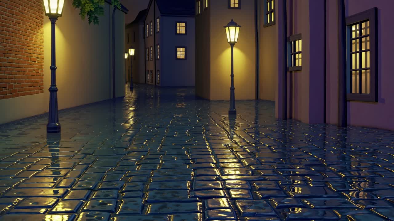 Serene nighttime street scene with glowing lampposts illuminating wet cobblestone pathway, creating a tranquil atmosphere of urban charm and beauty