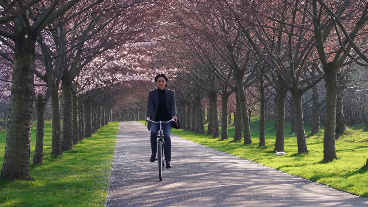 Woman cycling through a cherry blossom avenue in spring