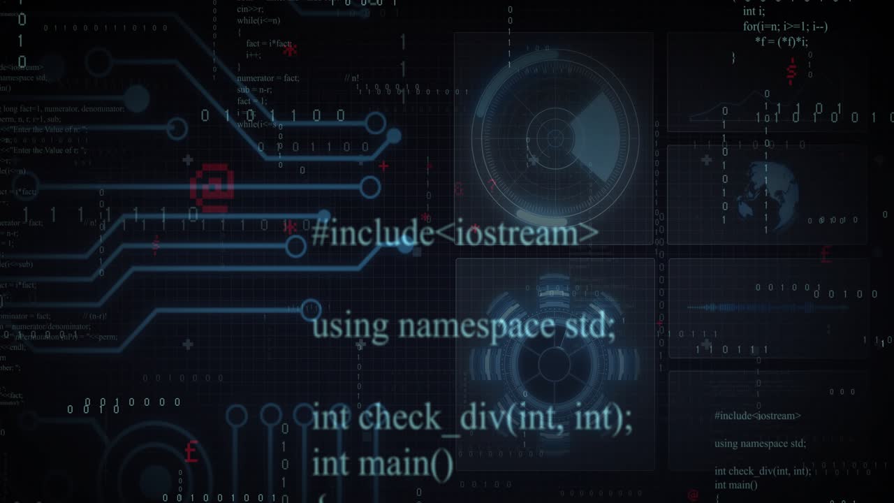 Intensifying circuit traces rotating HUD rings streaming C++ code preparing system for use