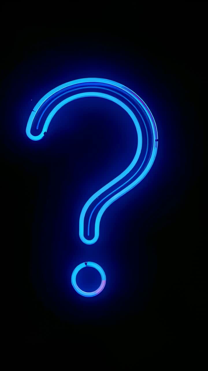 Vertical video: Glowing blue neon ? sign on dark wall, glass tubing shifting magenta from power dip
