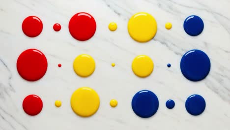 a vibrant display of primary colors: an artistic arrangement of red, yellow, and blue paint droplets on a marble surface, highlighting the beauty of color contrast