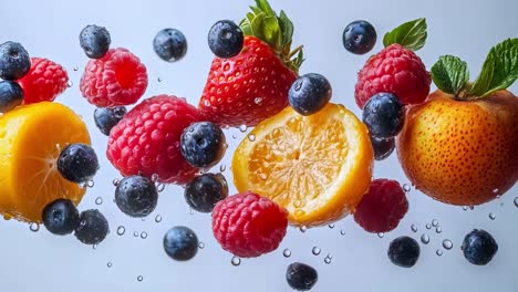 vibrant assorted fruits and berries with water droplets