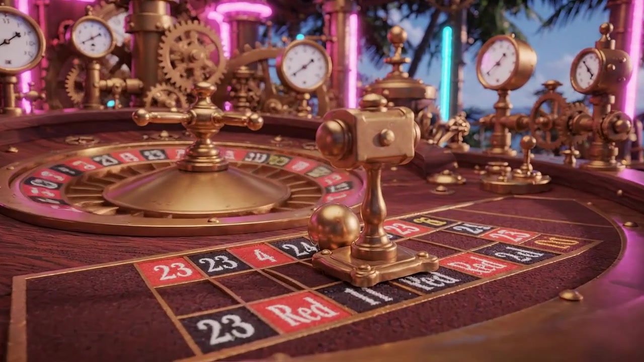 Intricato tavolo da roulette steampunk con ingranaggi, orologi e vivaci luci al neon, circondato da palme lussureggianti in un ambiente di gioco unico.
