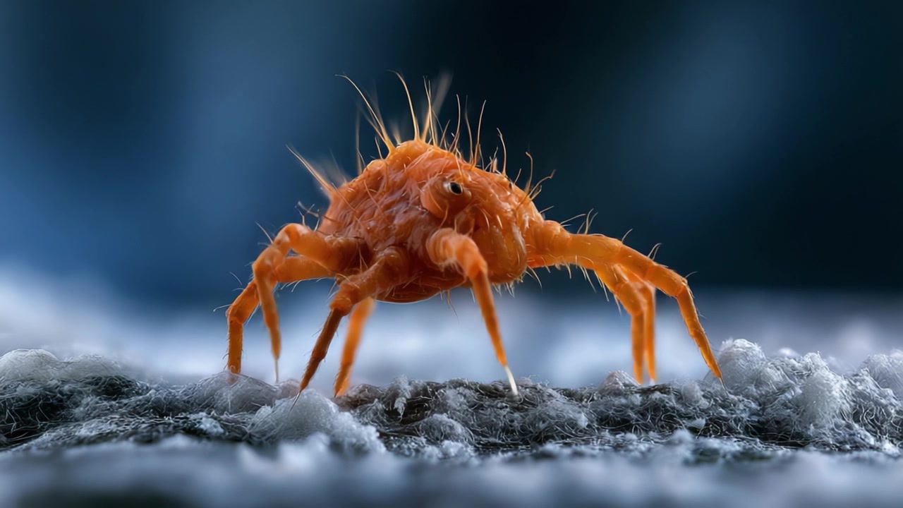 Makrofotografi af en levende orange struktur, der fanger de indviklede detaljer og unikke træk ved en lille spindel på en blød baggrund.
