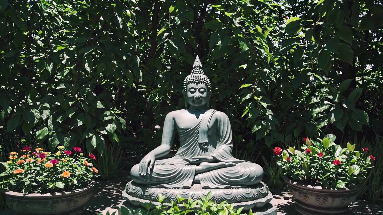 Statua di Buddha in pietra seduta in meditazione in un giardino lussureggiante