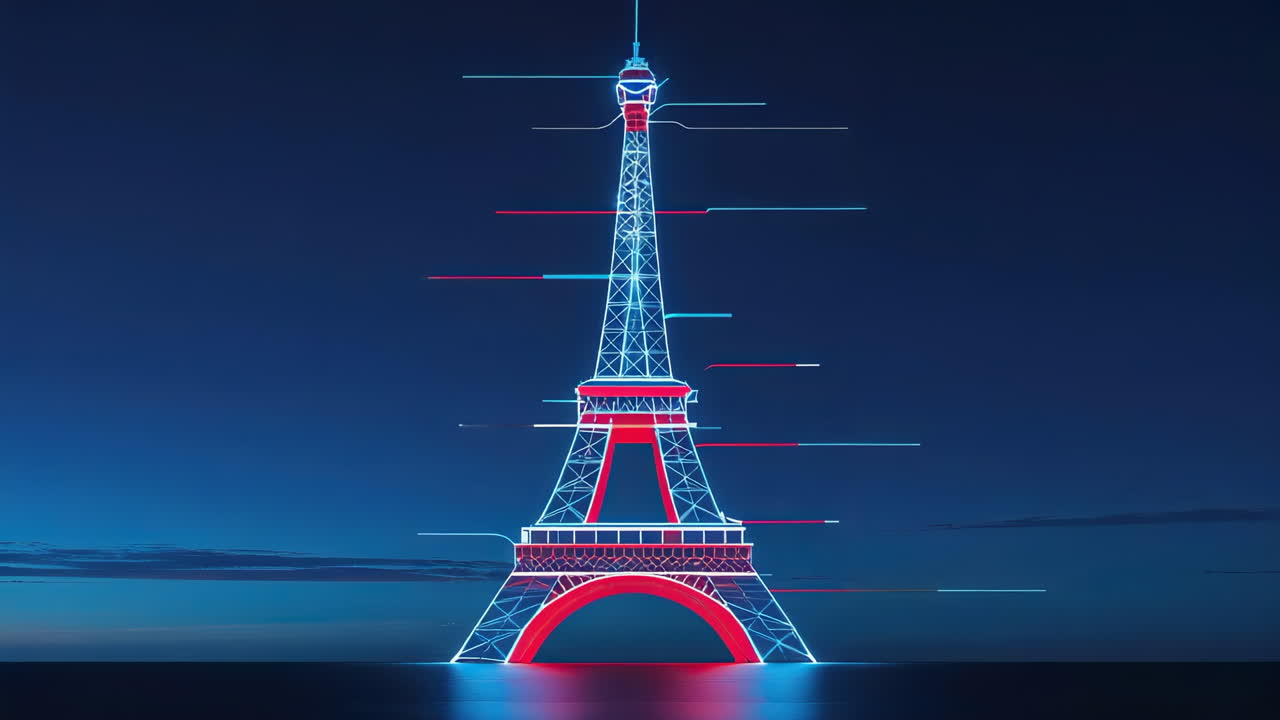 Neon Eiffel Tower with Abstract Data Lines at Night