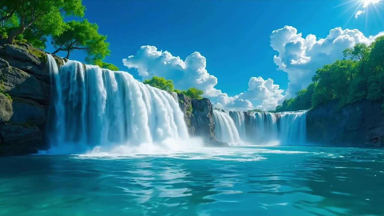 A large waterfall in the middle of a body of water