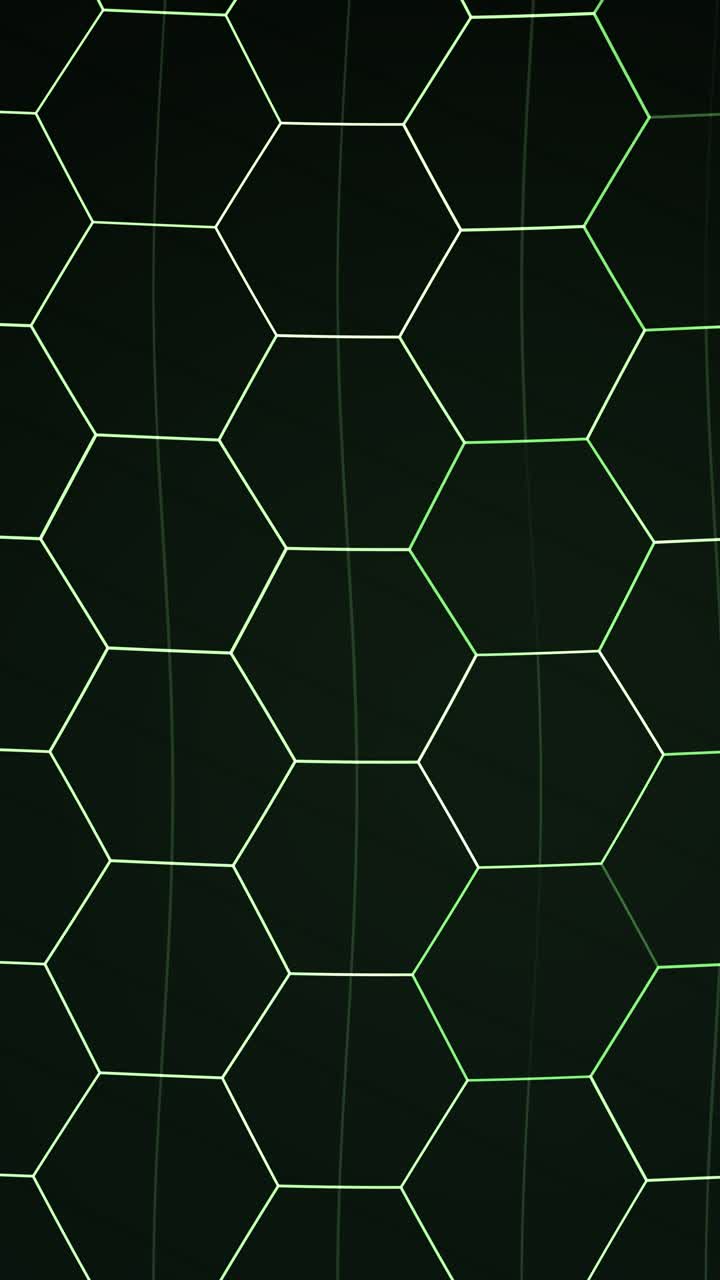 A black background with white hexagonal grid lines and subtle green vertical streaks creating a futuristic abstract pattern