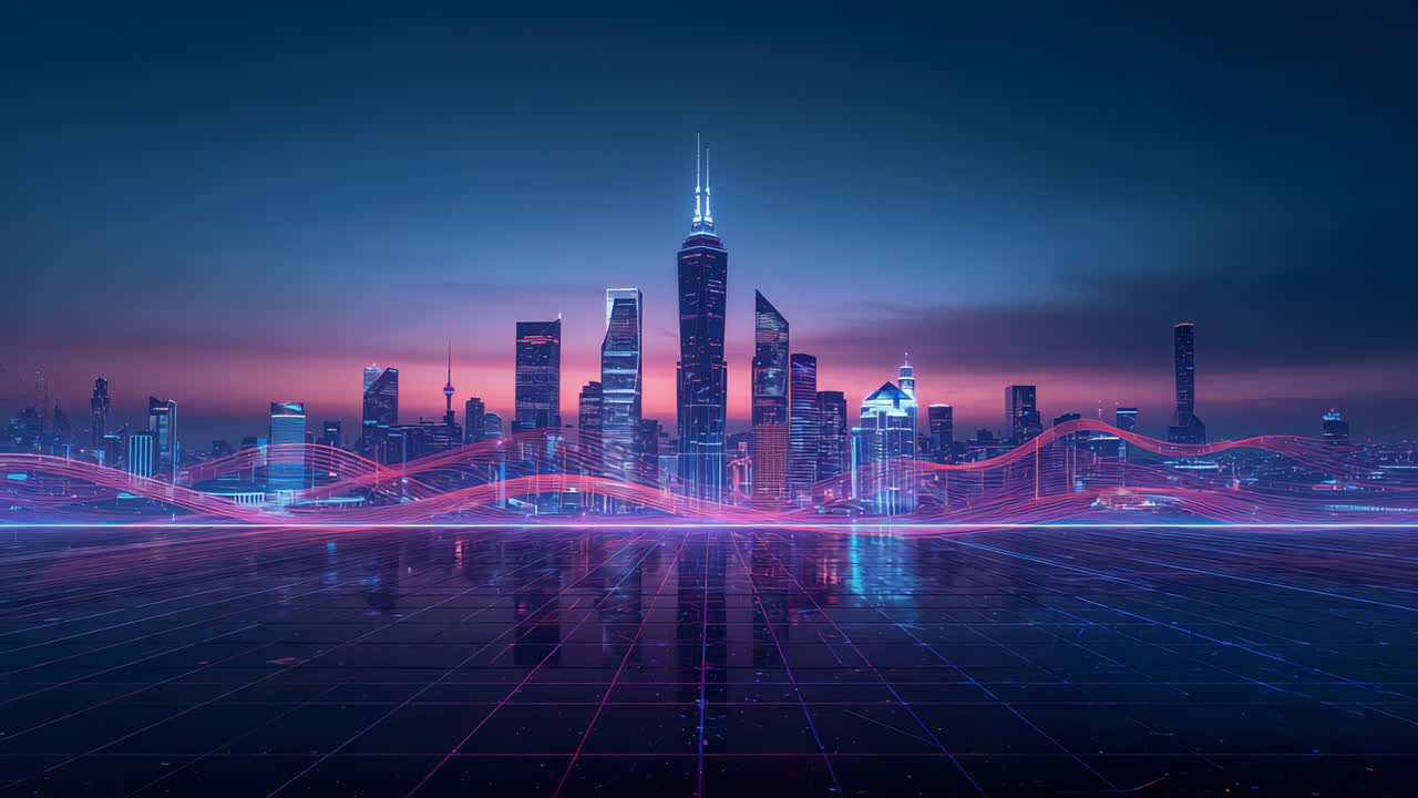Opening frame starting neon ribbon pulsing over central skyscraper, creating ripples on tiled plaza