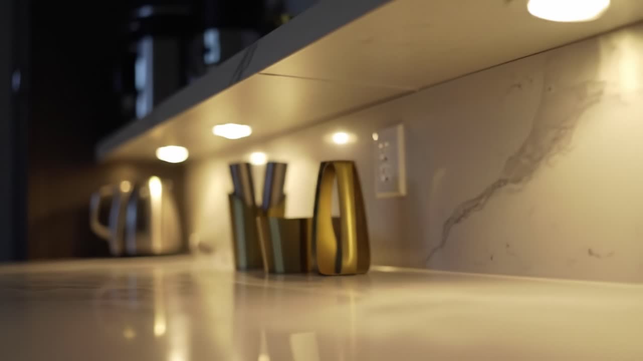Elegant and Modern Kitchen Countertop Decor with Stylish Lighting and Decorative Accessories Capturing a Cozy Yet Contemporary Atmosphere in a Chic Interior Space