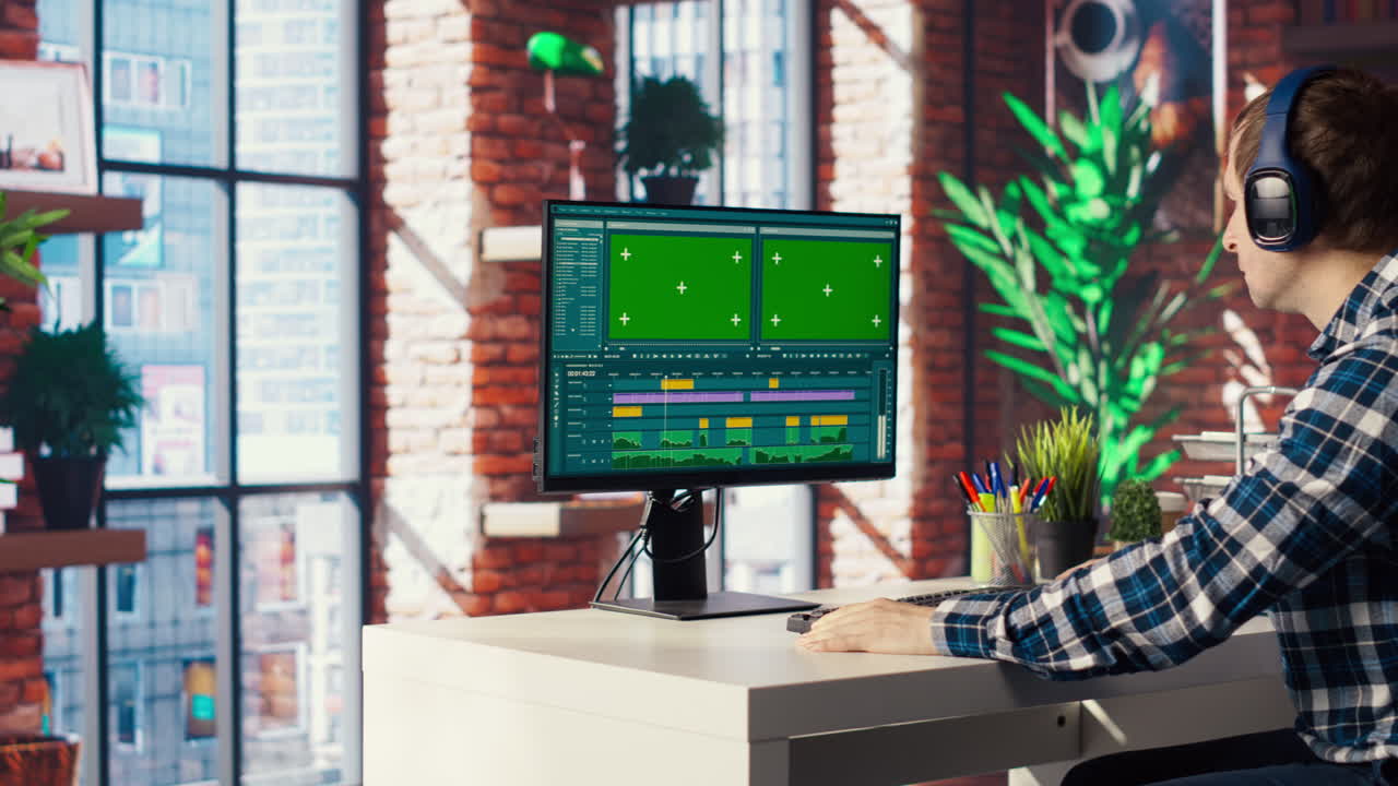 videógrafo ajustando profesionalmente los clips usando una computadora de pantalla verde