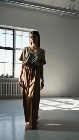 woman in stylish outfit in a studio