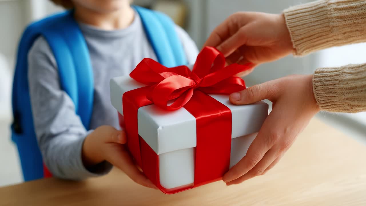 A heartwarming moment of gift-giving as a child receives a beautifully wrapped present, showcasing the joy and excitement of unwrapping new surprises shared between loved ones