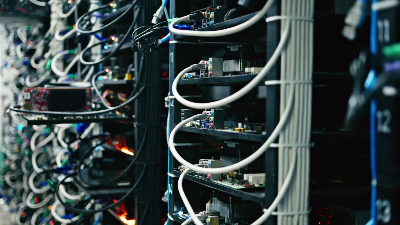 Close up of a rack-mounted server in data centre