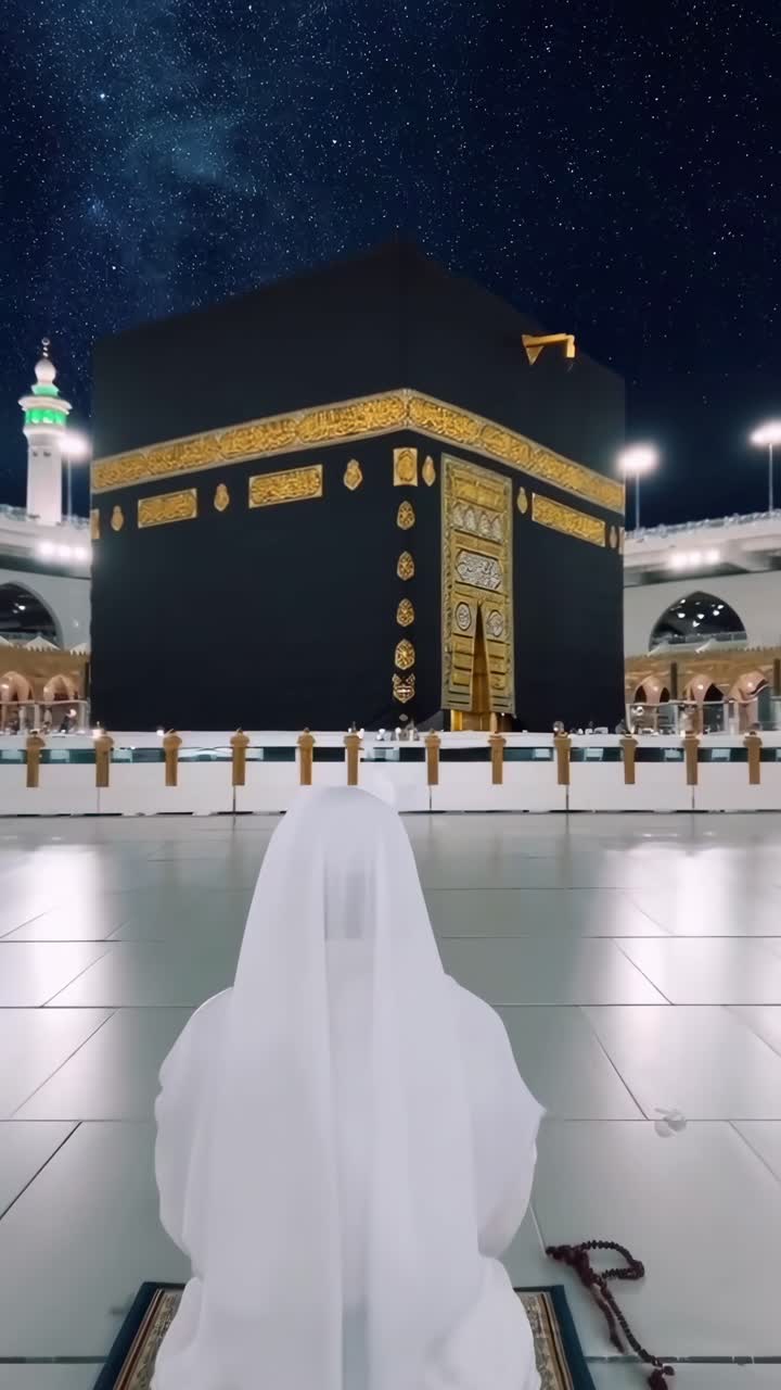 Un video sereno di una persona che prega alla Kaaba, ripreso da una angolazione bassa sotto un cielo stellato