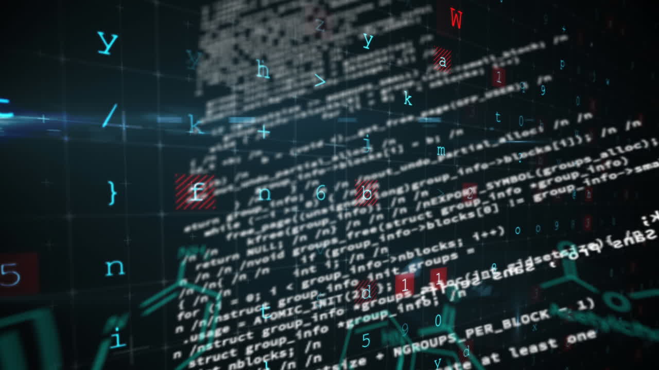 Animation of data processing and grid over black background