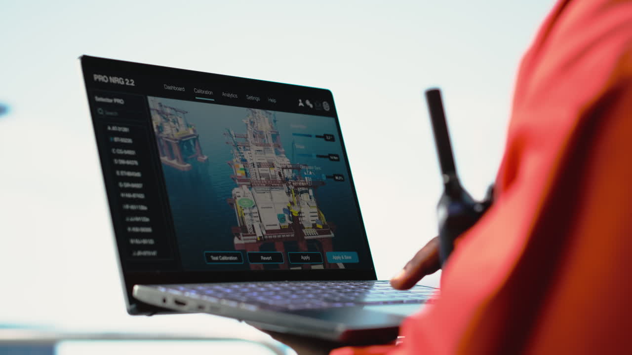 Vertical video Close up of laptop used by drilling rig worker to monitor infrastructure systems