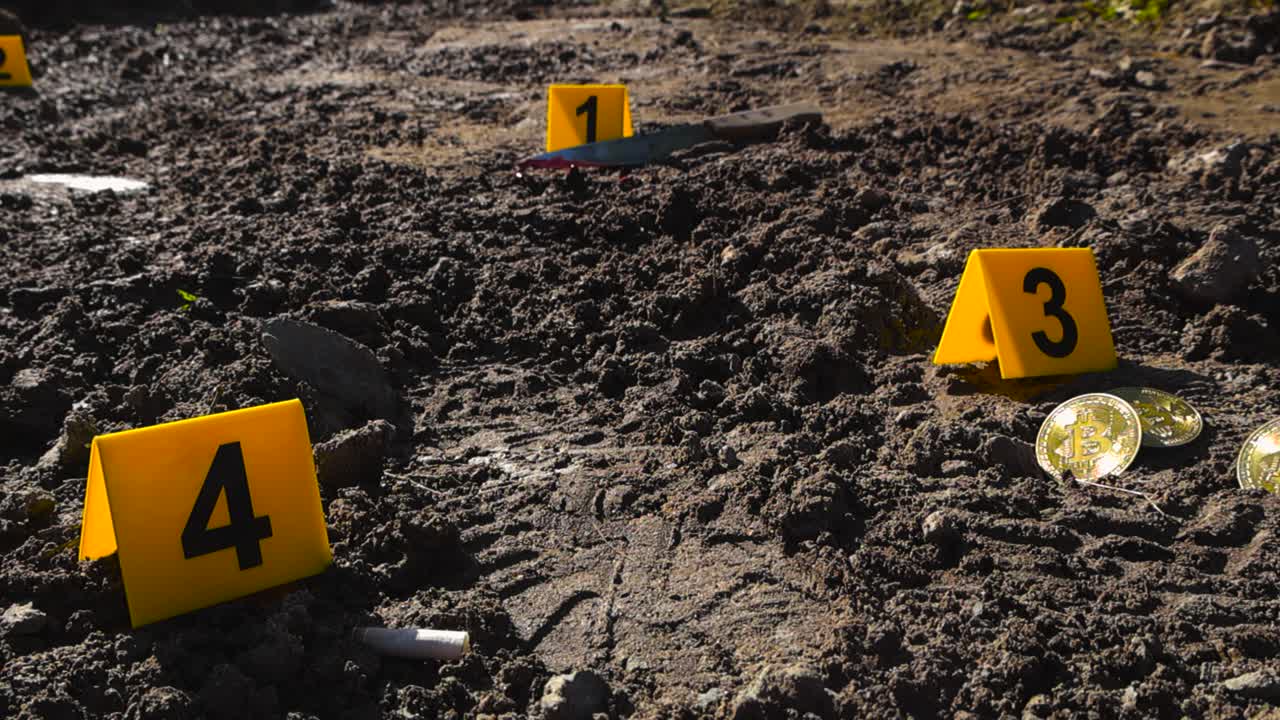 Close up view of police yellow colored and numbered crime markers next to footprints, bloody knife and cryptocurrency Bitcoin coins on muddy ground. The evidence is well lit by sunlight in rural area