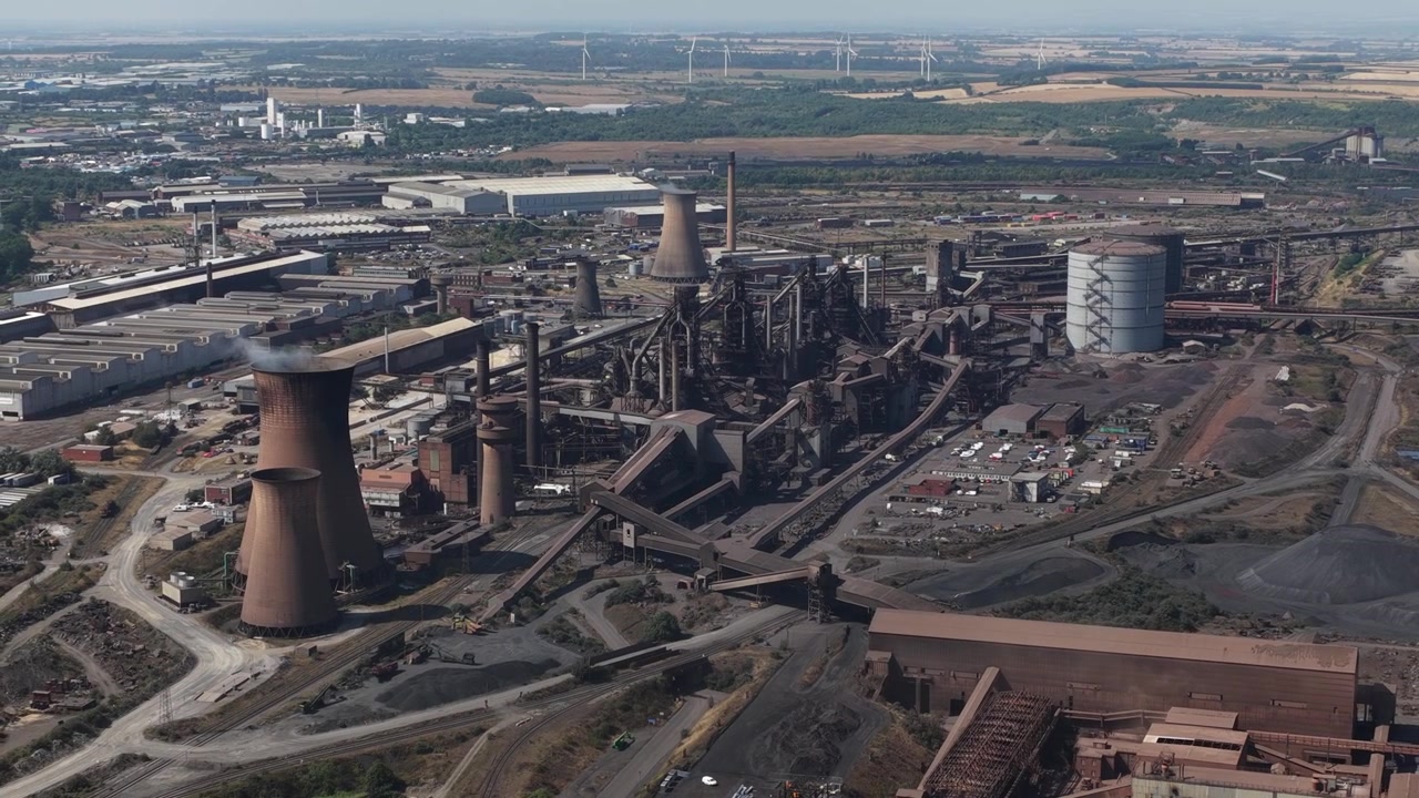 Aerial view of Scunthorpe Steelworks in North Lincolnshire, showing blast furnaces, heavy industry and large-scale primary steel production.
