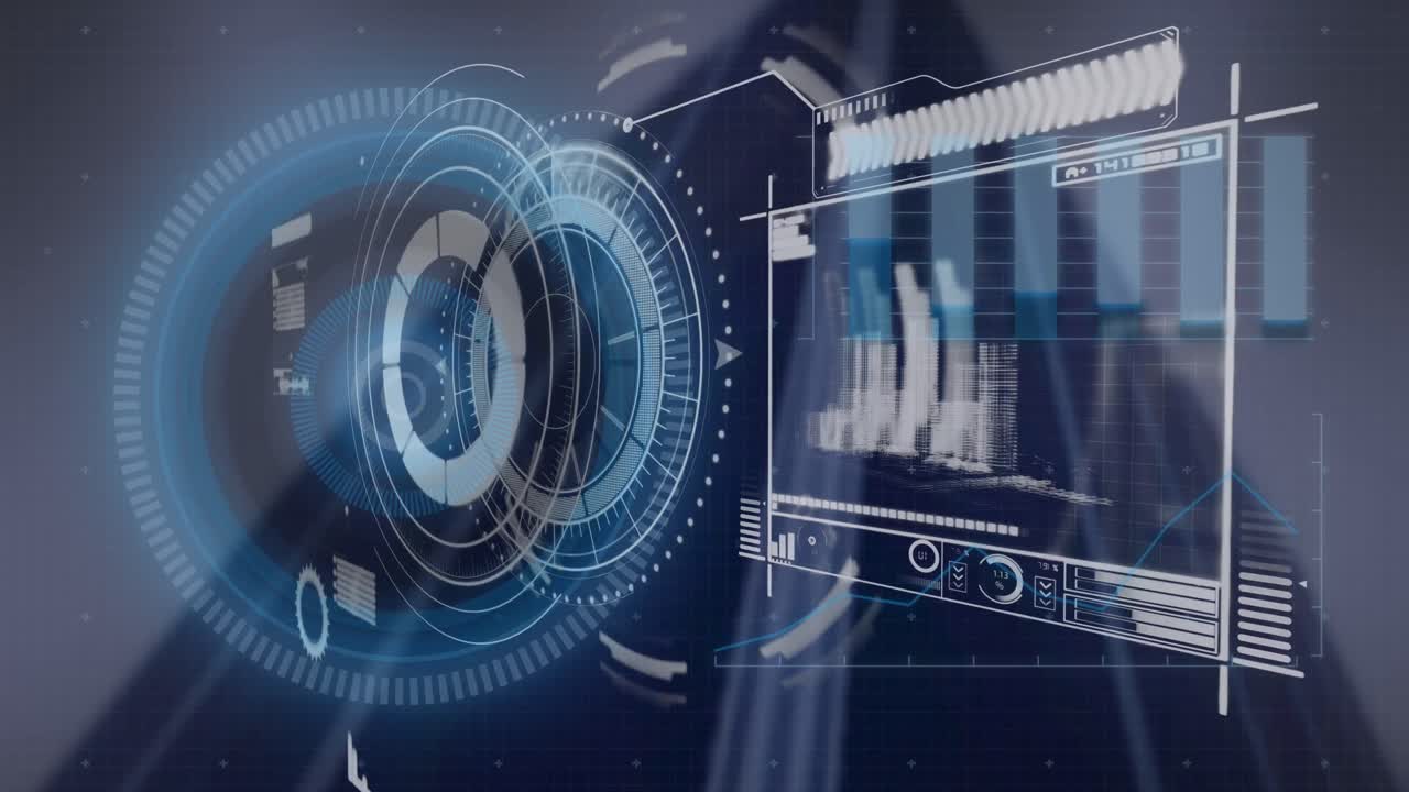 Animation of digital screen with data and processing circle