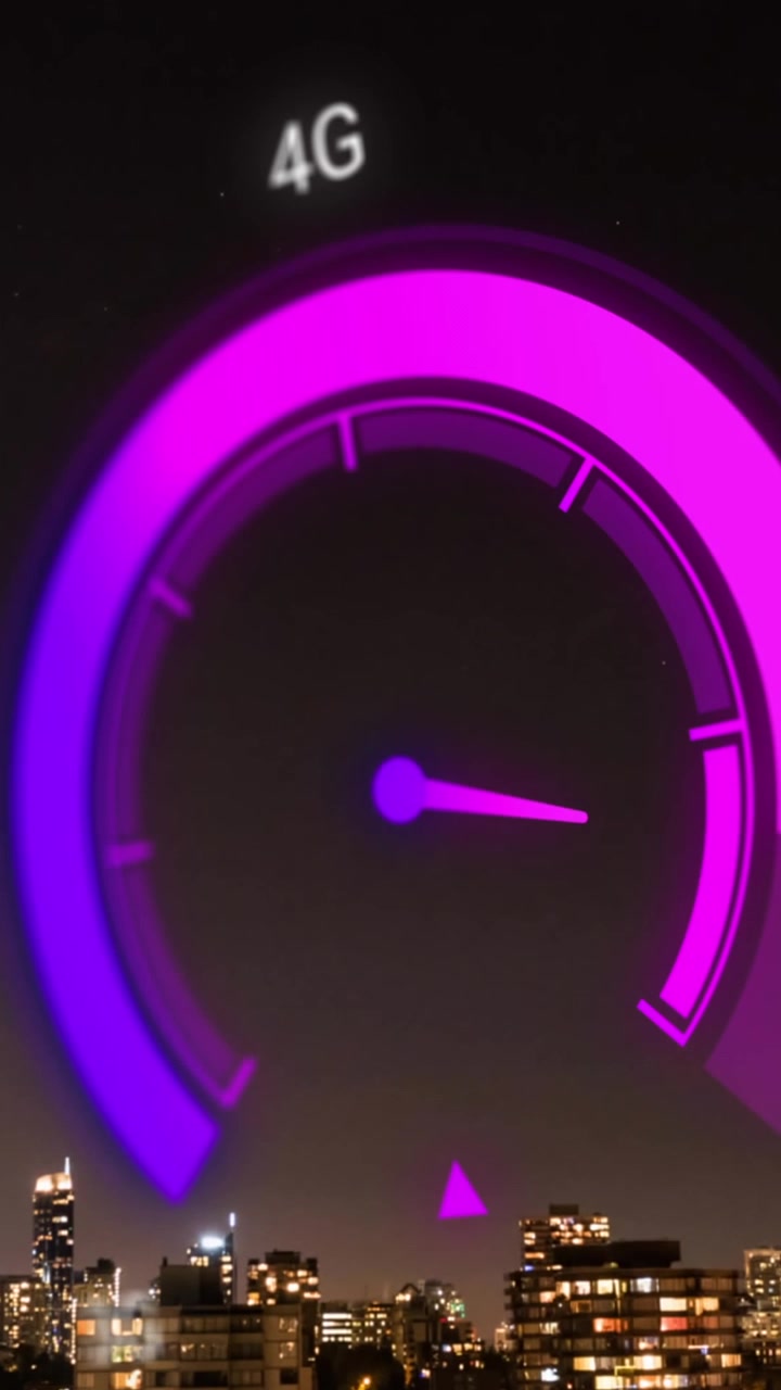Animation of purple speedometer over cityscape