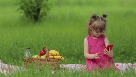 weekend at picnic. girl on grass meadow makes selfie on mobile phone. video call, blog, play games