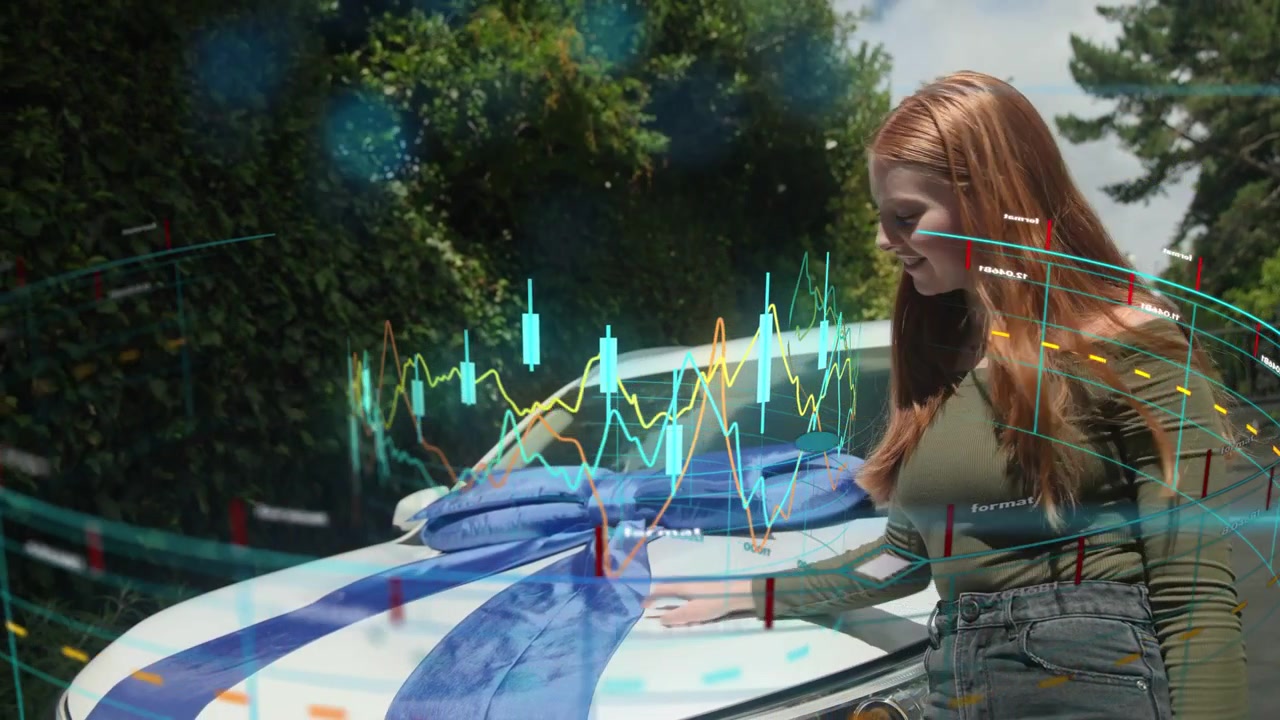 Woman approaching car and inspecting blue bow for gift, holographic tech charts overlaying scene