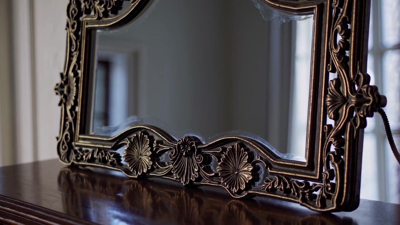 Specchio antico ornato con cornice dorata intarsiata su una cassettiera di legno