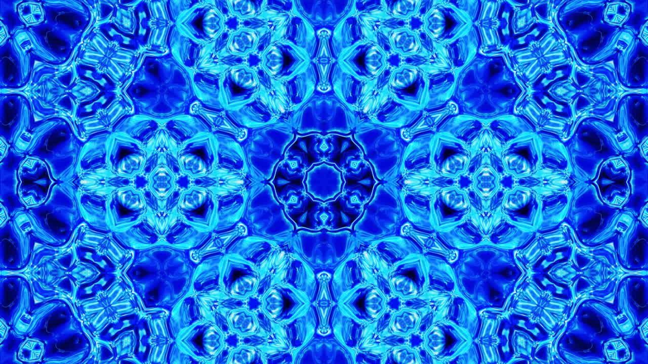 3D stylish looped abstract bg. Liquid blue symmetrical pattern like kaleidoscope with waves. Wavy structure of brilliant liquid glass with beautiful gradient colors. 4k