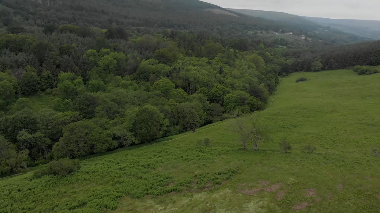 volando sobre campos verdes con bosques, ríos y montañas
