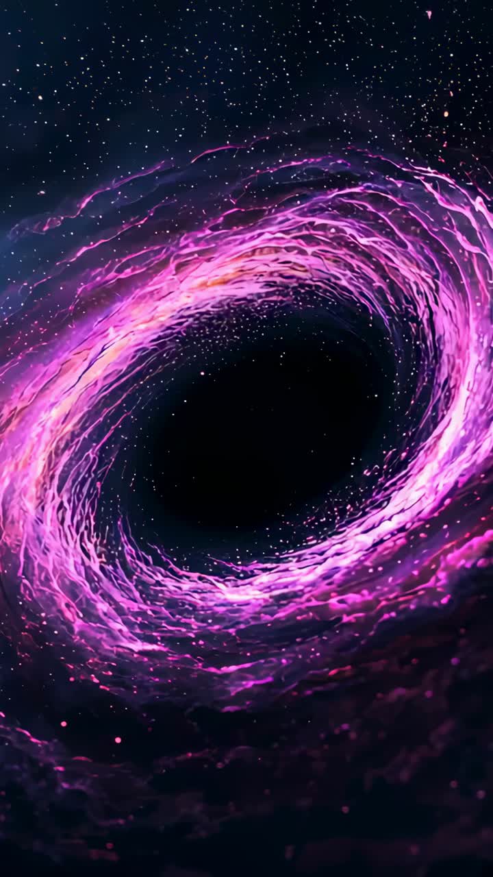 Vertical video: Swirling purple vortex in space tightening pulling sparks into black core on frames