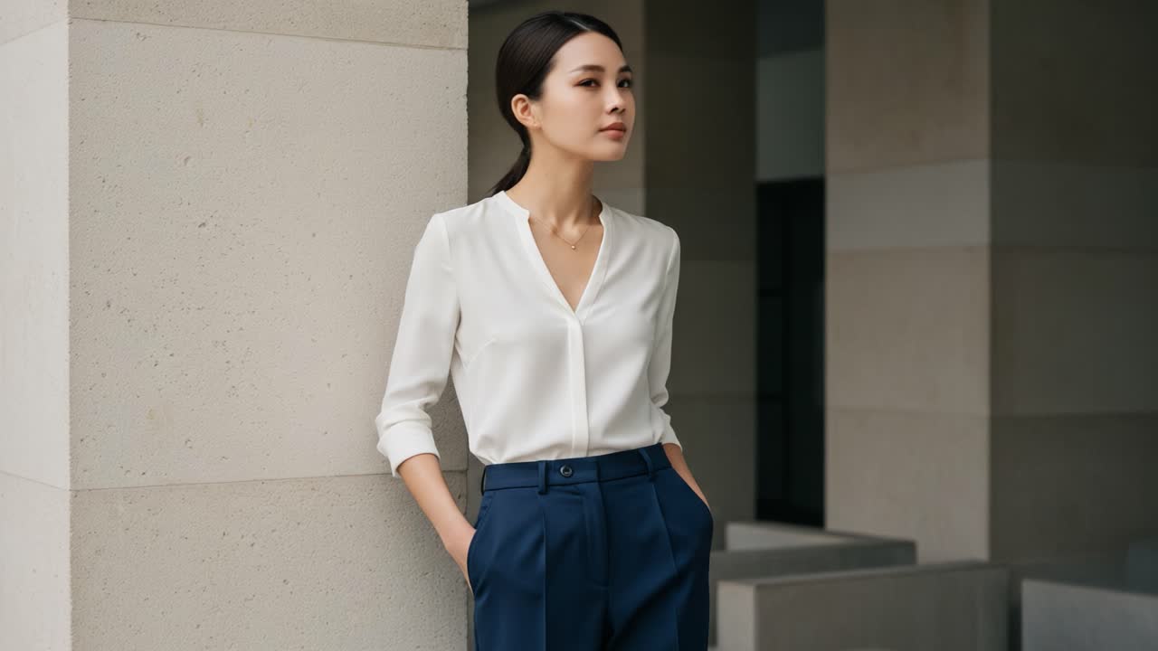 Elegant Young Woman in Stylish Attire Posing Calmly Against a Modern Architectural Background while Exuding Confidence and Poise