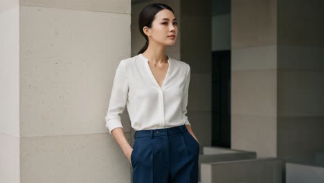 elegant young woman in stylish attire posing calmly against a modern architectural background while exuding confidence and poise