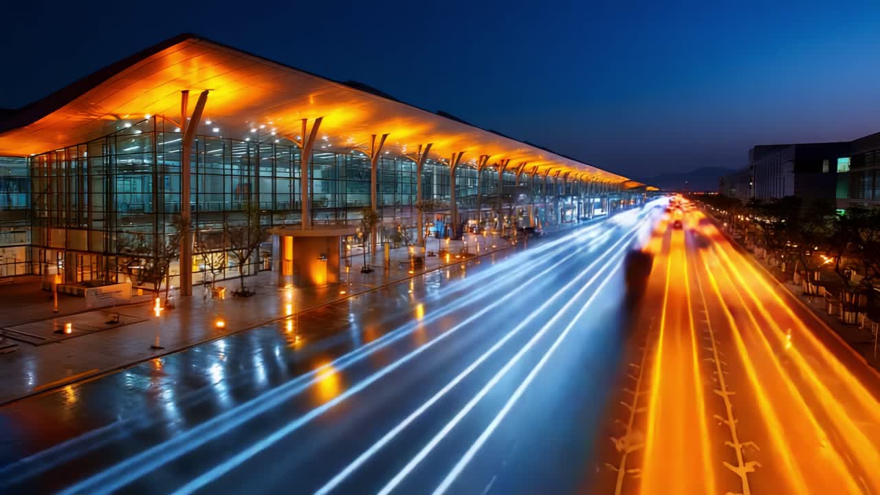 A stunning transformation of an illuminated airport terminal at night, showcasing vibrant light trails from vehicles contrasting with the modern architectural design and twilight sky