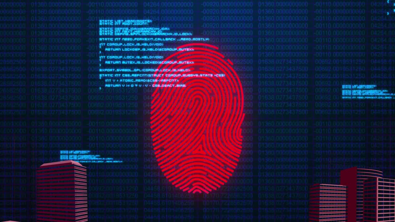 Animation of finger print over data processing and cityscape