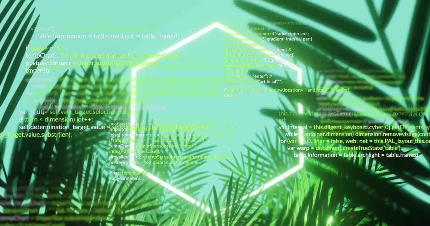 When hexagon outline emerging through fronds sparking neon tracing and streaming code for branding