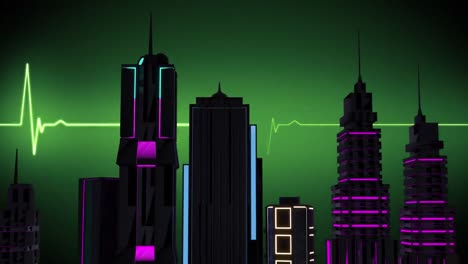 animación del procesamiento de datos de latidos cardíacos sobre el paisaje urbano