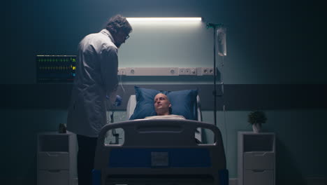 doctor attending to a patient in a hospital room