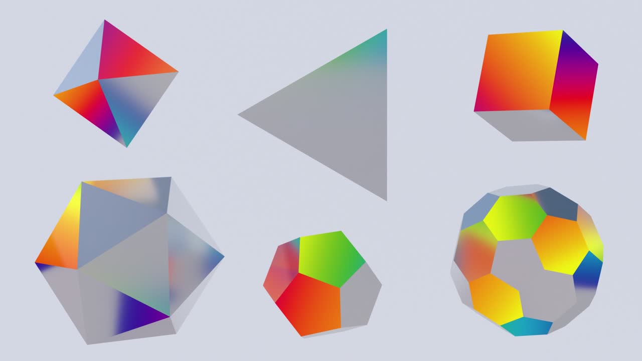 밝고 다채로운 기하학적 모양의 그룹: 회전하는 추상 애니메이션, 3d 렌더링