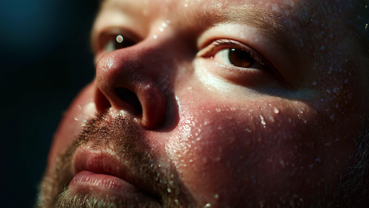 A close-up visual journey showcasing the raw emotion and intense experience of a man overcoming immense physical exertion, capturing the essence of determination and strength in each bead of sweat
