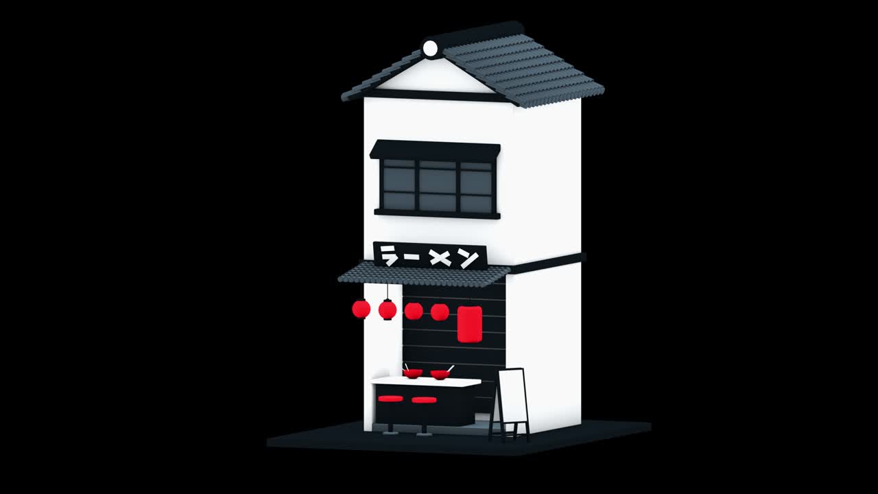 Animazione in movimento di un design di ristorante di ramen in stile cartone animato low poly