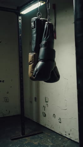 boxing gloves hanging in a gym