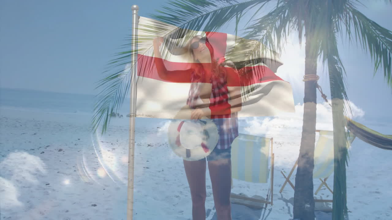 Holding soccer ball, person with England flag waving on tropical beach animation