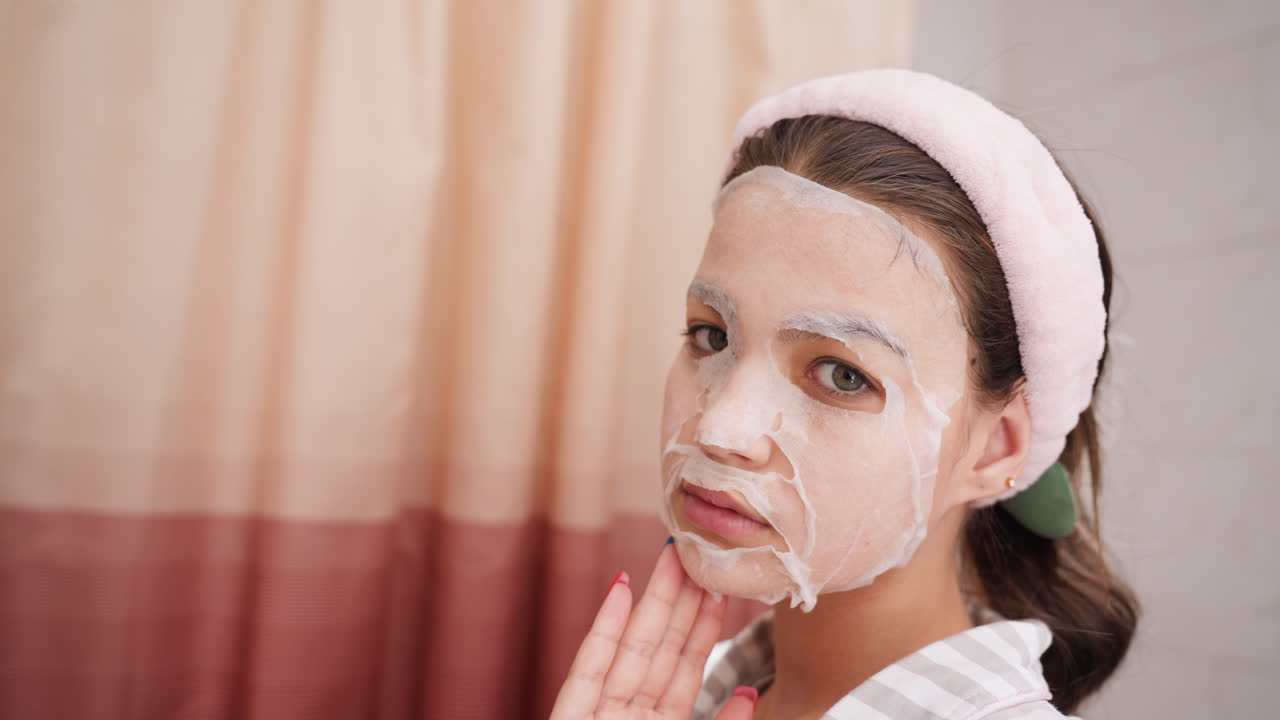 Fresh Face Shows Tender Selfcare, Teenage Female Revealing Serene Reflection After Gentle Facial Routine, Young Woman Uncovers Calm Appearance Reflecting After Caring Facial Mask Treatment