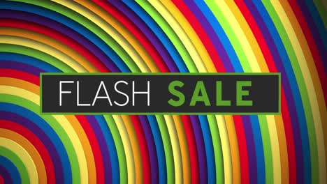 Animation-of-flash-sale-text-on-black-banner-over-rainbow-coloured-radial-stripes