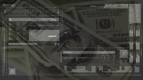 animación del procesamiento de datos sobre billetes de dólares estadounidenses
