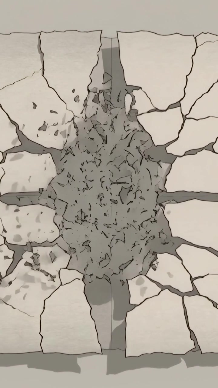 Vertical video: Cracking central plaster shedding chips at wall macro, revealing crosshair sheet