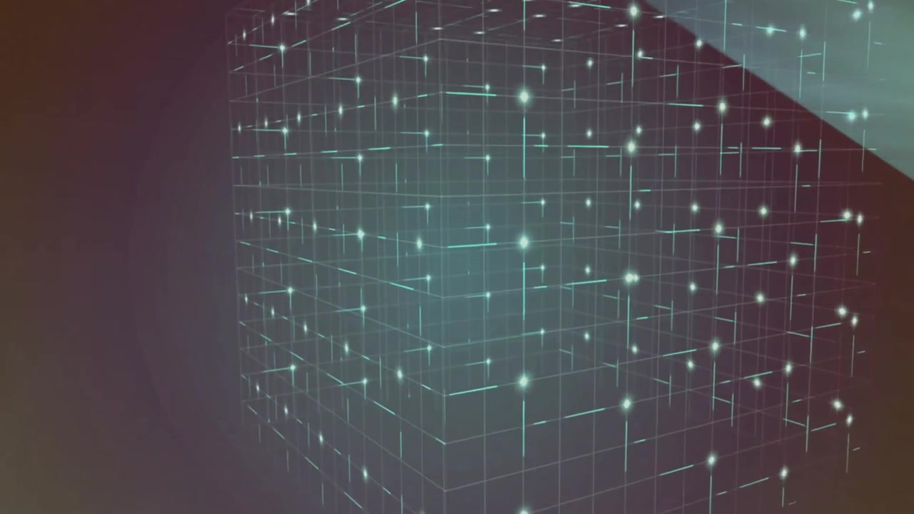 On startup teal gridlines forming glowing 3D wireframe cube with glitch bars showing network growth
