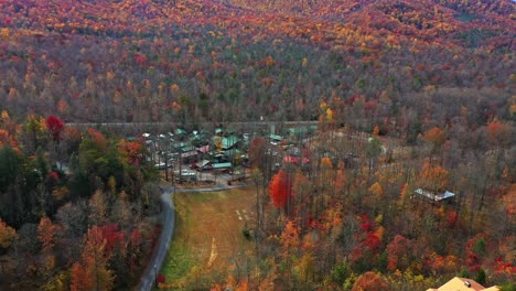 Straße-In-Gerader-Linie-Durch-Einen-Wald-Aus-Bäumen-Mit-Orangetönen-Im-Herbst